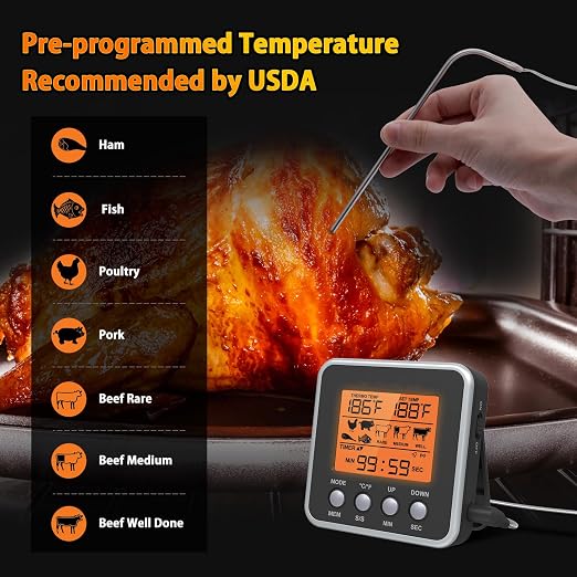 Digital Meat Thermometer for Oven, Food Thermometer with Large LCD, Backlight, Kitchen Timer, Temperature/Time Alarm for Smoker, BBQ, Barbecue, Cookware