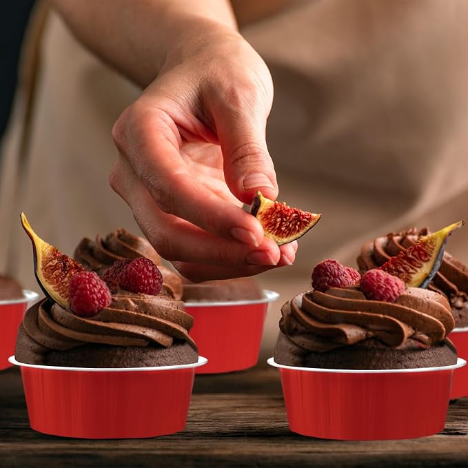 Tessco for you 150 Pcs Disposable Ramekins with Lids 8 oz Creme Brulee Ramekin Aluminum Foil Cup Cupcake Liner Baking Valentines Disposable Muffin Tin Pan Cheesecake Container (Red,Silver)