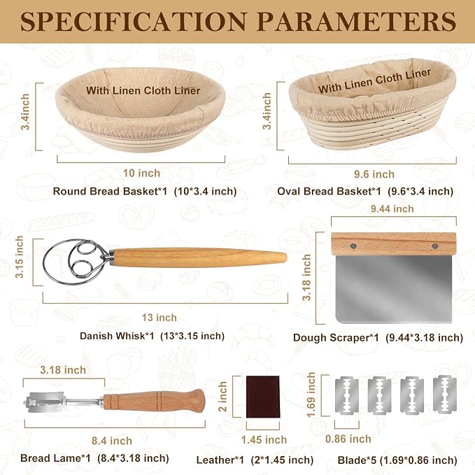 TNELTUEB Bread Proofing Basket Set, Incl 10'' Round & 9.6'' Oval Rattan Banneton, Dough Whisk, Scraper, Lame, Linen - Natural