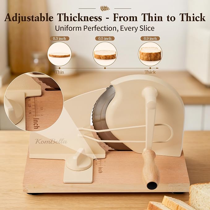Sourdough Bread Slicer for Homemade Bread, Manual Hand Crank Bread Cutter with Adjustable Thickness for Even Slices, Slicing Guide & Protective Blade Shield, Wood Base with Suction Cups(Beige)