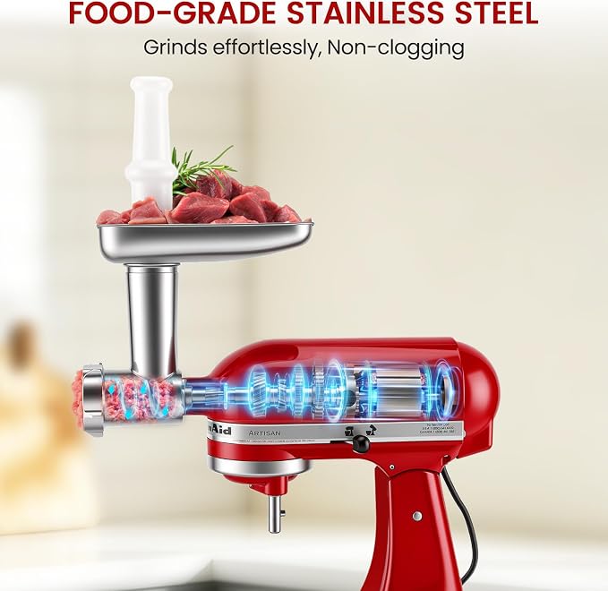 Stainless Steel Meat Grinder Attachment for KitchenAid Stand Mixer, Food Grade, Heavy Duty, No Clog, Dishwasher Safe, Sausage Stuffer & Burger Maker