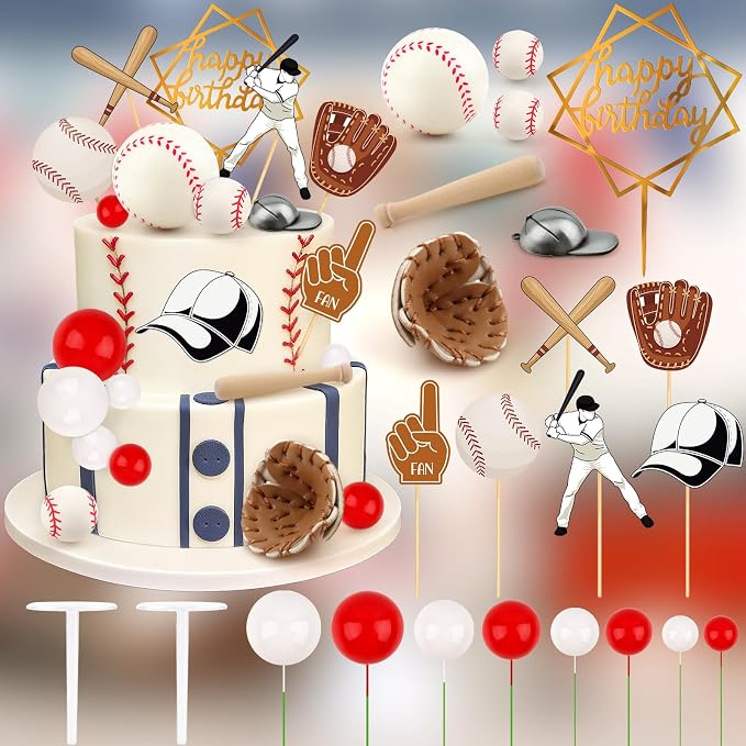23Pcs Baseball Cake Toppers for Boys Baseball Cake Decorations with Baseballs Bat Glove Hat Player Red White Balls for Baseballs Themed Birthday Party Decorations Sports Theme Party Decoration