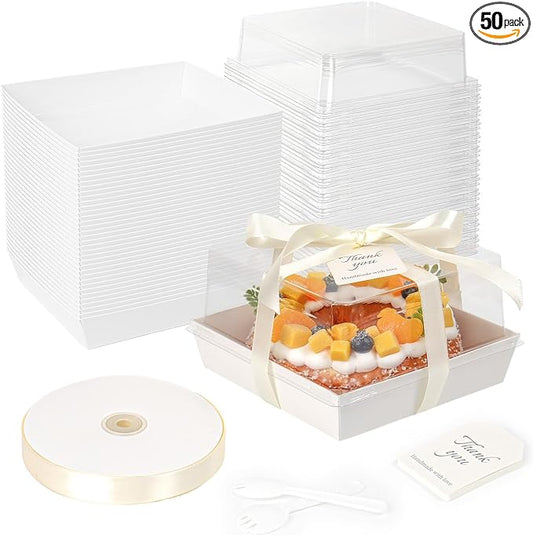 7 x 7 x 4 Inches Paper Cake Boxes with Clear Lids, 50 Pack White Large Charcuterie Square Food Containers, Valentine's Day Disposable Bakery Boxes for 4-6 Inch Bundt Cake, Pie, Dessert