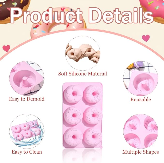 Ipotkitt Donut Shape Baking Silicone Molds Dessert Food Baking Tool Molds for Chocolate Jelly Cake Ice Candy Crafts, 2pcs, 2 Colors, 27x16x3cm, 6 Cavities
