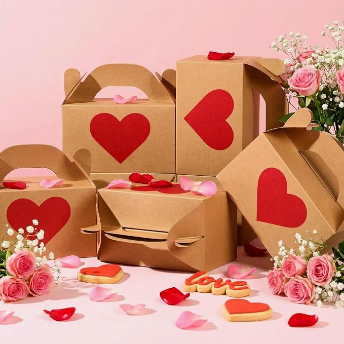 Colarr Mother's Gift Treat Boxes Hearts Prints Galentine Cookie Boxes with Handles 5.9 x 3.5 x 3.5 Inches Goodie Candy Container Kraft Paper Party Favor Holder(24 Pcs)