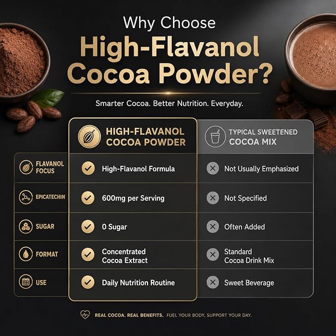High Flavanol Cocoa Powder, 1200mg Flavanols & Flavonoids per Serving, 10X Concentrated Cocoa Extract with 600mg Epicatechin, Unsweetened Organic Cocoa Powder for Baking, Premium Dark Cocoa Nutrition