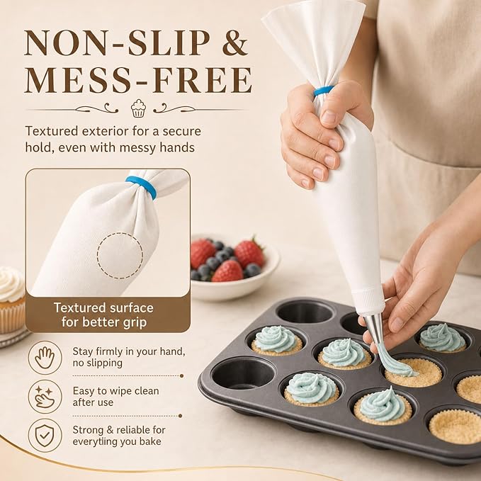 Reusable Piping Bags and Tips Set, 16inch Cotton Pastry Bags | Cotton Exterior, Eco-Friendly, For Cake Decorating, Cupcakes, Cookies, Durable Baking Kit