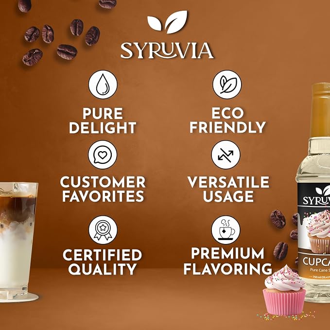 Syruvia Coffee Syrup, Cupcake Flavored Syrup for Drinks, Lattes, and Desserts – 25.4 fl oz - with Pump