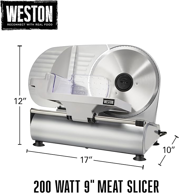 Weston Electric Meat Cutting Machine, Deli & Food Slicer, Adjustable Slice Thickness, Non-Slip Suction Feet, Removable 9” Stainless Steel Blade, Easy to Clean