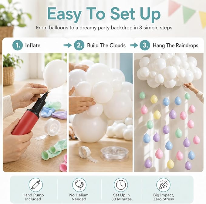 243 Pcs Cloud Balloon Garland Kit, Pastel Rainbow Raindrop Balloons with White Cloud, 5 10 12 Inch Macaron Latex Balloons for Baby Shower Birthday Classroom Rainbow Party Decorations