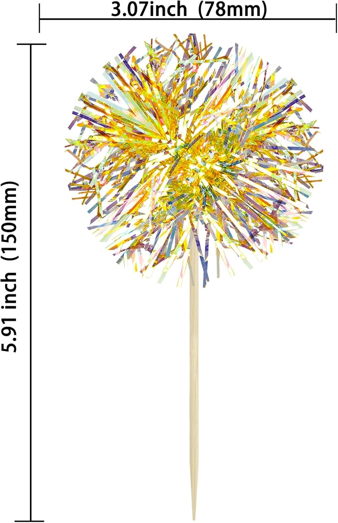 Gyufise 30Pcs Foil Firework Cupcake Toppers Sparkle Tinsel Cake Toppers Tinsel Drink Cake Decoration Cocktail Picks for Halloween Birthday Wedding Graduation Party Supplies Laser Yellow