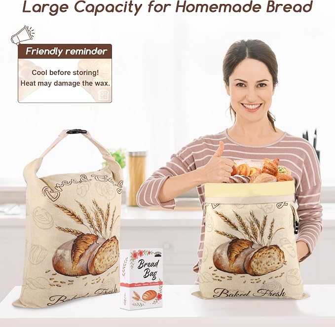Beeswax Bread Bags for Sourdough, 2 Pack Reusable Bread Bag for Storage XL 17x13 Inch, Large Linen Bags for Homemade Sourdough - Keep Fresh, Freezer Safe