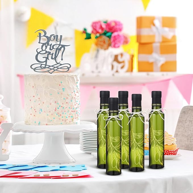 Reallnaive 12 Sets 8 oz Glass Olive Oil Bottles Empty Sauce Condiment Bottles with Tags and Twine and Funnel for Storing Homemade Oil Christmas Wedding Baby Shower Gifts(Olive Leaf, Clear)