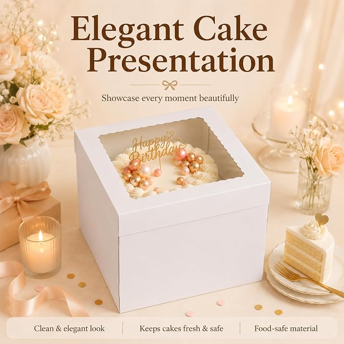 JCD 12x12x12 Corrugated Tall Cake Boxes for 10in Multi Layer Cakes with Clear Window