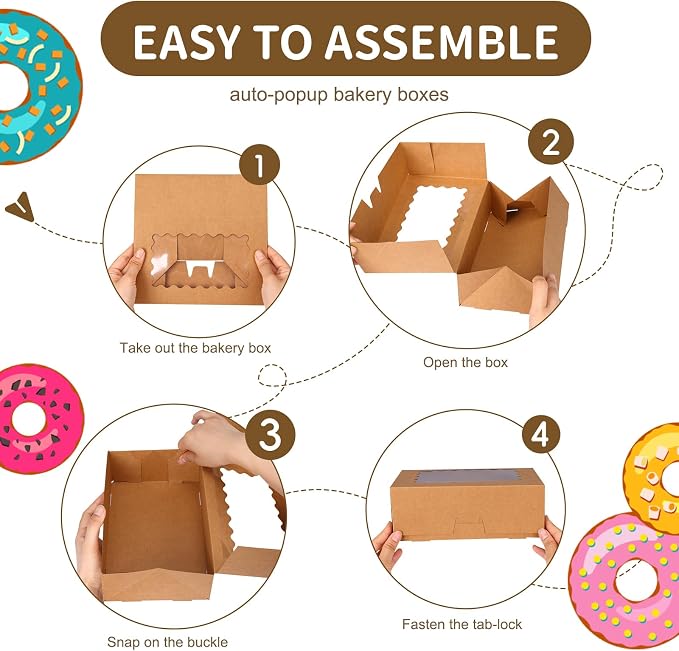 Moretoes 45pcs Cookie Boxes with Window, 9x6x3 Inch Brown Auto-Popup Bakery Boxes, Pastry Containers for Chocolate Covered Strawberries, Candy, Muffins, Donuts