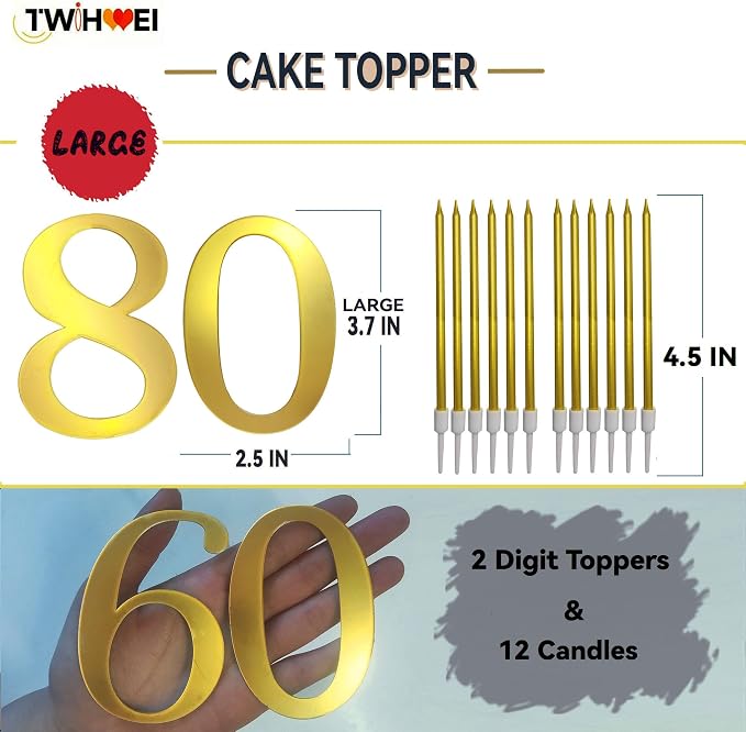 3.7IN Gold Acrylic Number 1-10 Cake Topper with 12 Gold Long Candles - Perfect for Birthday Party Supplies, Ideal for Cake Decoration (Number 80, Gold)
