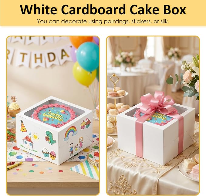 Moretoes 2 Pack Cake Boxes 10 Inch with Boards, 10x10x5 Inches White Cake Carrier Bakery Containers, Disposable Bakery Boxes for Valentine's Day Mother's Day for Cake Cupcake Cookie Pie Pastry