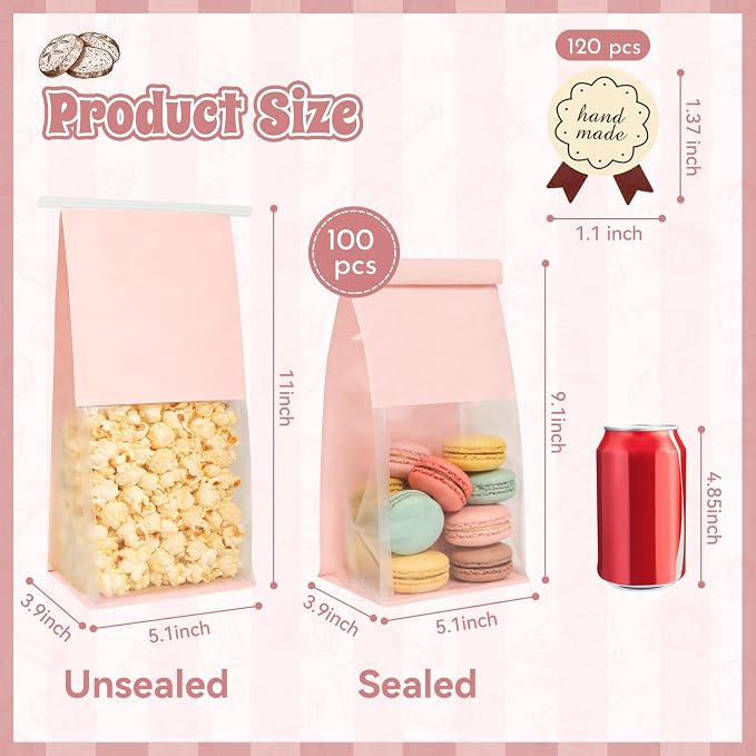 100 Bakery Bags with Window, 5.1x3.9x11 Inches Paper Bread Bags, Tin Tie Tab Lock Cookie Bags Food Storage Bag for Snacks, Popcorn, Candies, 120 pcs Stickers Included (100, Medium)