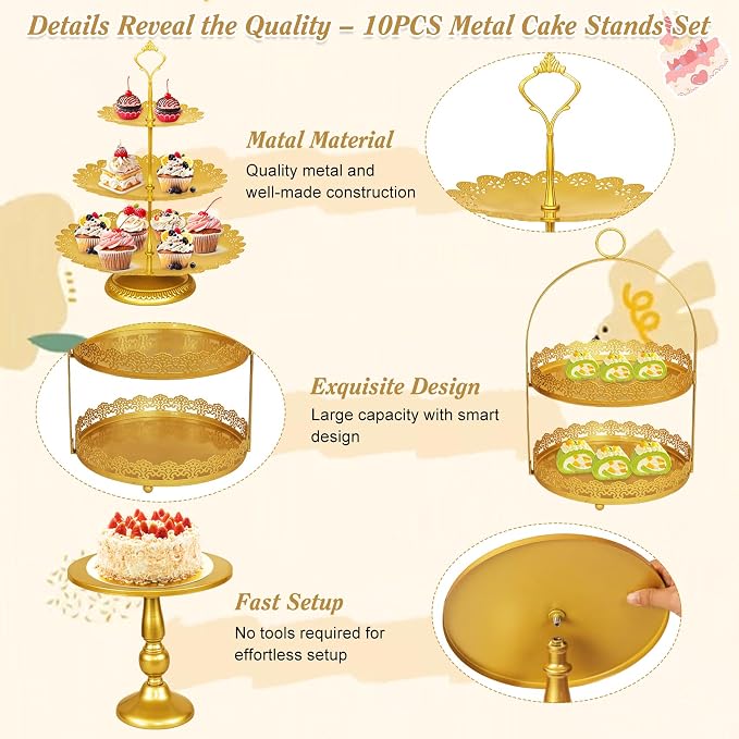 10 Pcs Gold Cake Stand Set Metal Cupcake Stands, Multiple Styles Dessert Display Tower for Candy Fruit, Cake Serving Trays for Birthday, Wedding, Anniversary, Baby Shower, Engagement Party