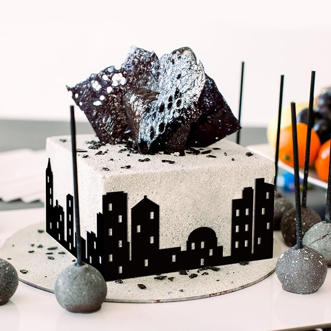 6Pcs City Cake Border Decoration Black City Building Birthday Cake Decoration Toppers Stick On or Lay On Toppers Birthday Decor Accessories for Party Lighted City Backdrop