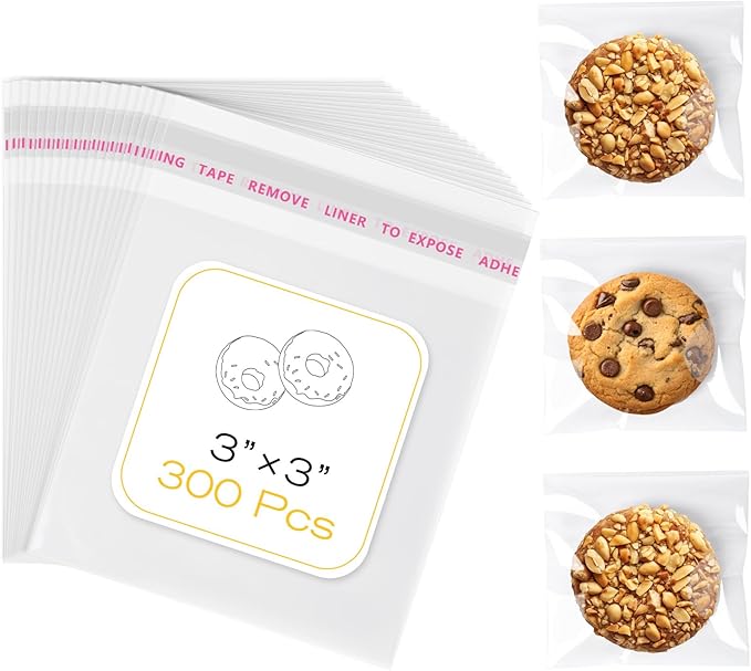 300 Pcs Clear Self Sealing Cellophane Bags, 3x3 Inches Cookie Bags Resealable Cellophane Bag for Packaging Cookies, Candy, Gifts, Favors and Products, 3 Mils Individual Self Adhesive Wrappers