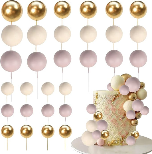 24 PCS Colorful Balls Cupake Toppers Mini Balloon Cake Toppers DIY Foam Ball Cake Insert Decoration for Wedding Anniversary Baby Shower Birthday Party Decorations Supplies Light Brown Khaki Gold