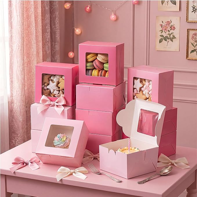 Crtiin 24 Pack Pink Cookie Boxes with Window Small Bakery Treat Boxes for Pastry Donuts Macaroon Cupcakes Aromatherapy Perfume Wedding Bridal Shower Birthday Tea Party Baby Shower Favors