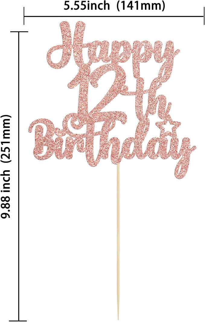 Gyufise 1Pc Happy 12th Birthday Cake Topper Glitter 12 & Fabulous Cheers to 12 Years Old Cake Pick for Celebrating 12th Birthday Anniversary Party Cake Decorations Supplies Rose Gold