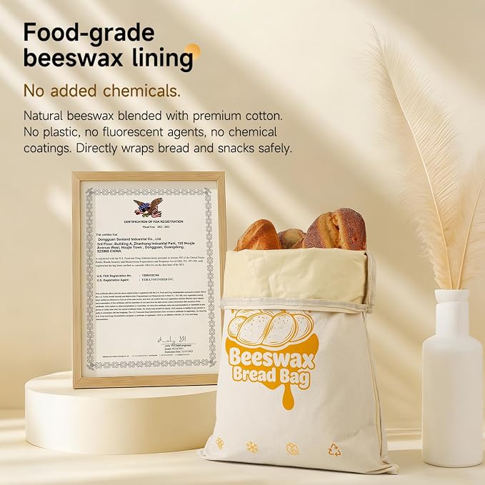 Beeswax Bread Bag Set of 2, 12.6"x17" Sourdough Bread Storage, Reusable Linen Bags with Wide Zipper Freezer Safe for Homemade Artisan Loaves