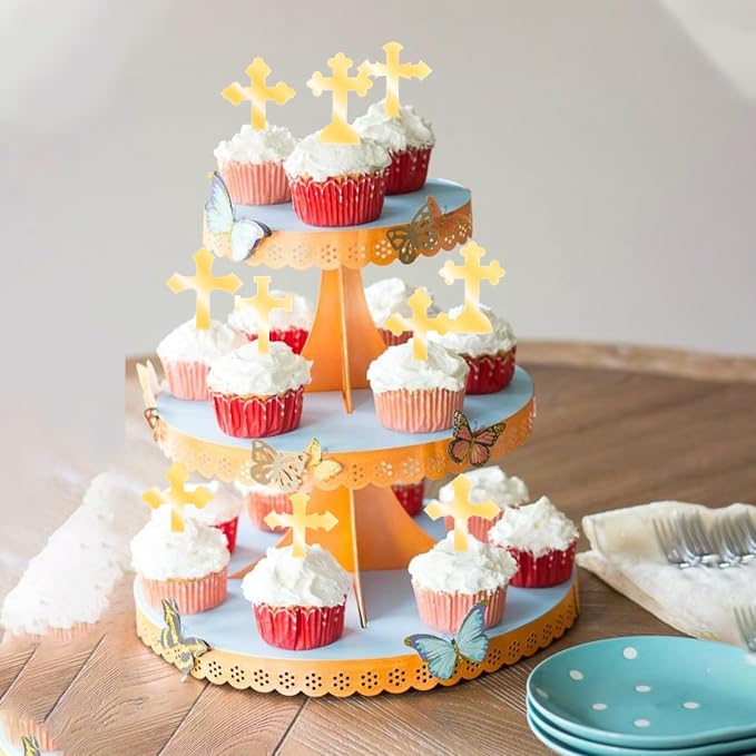 60 PCS Edible Cross Cupcake Toppers God Bless and Baptism Cupcake Toppers Edible Cross Cupcake Pick First Communion Cake Decorations for Religious Theme Baby Shower Birthday Party Supplies Retro Gold