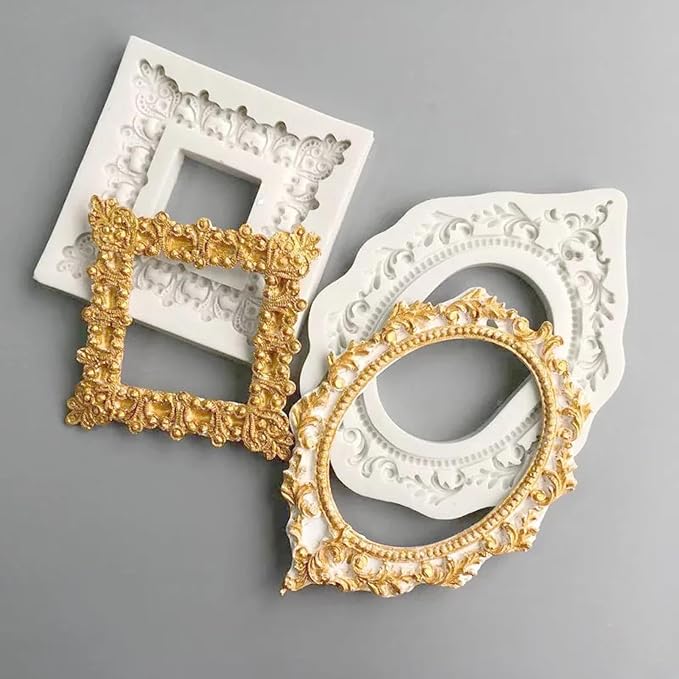 Silicone Mold Kit,Square Oval European Retro Pattern Photo Frame Silicone Mold Fondant Clay Plaster Decor Modeling Tool for Baking 13.5x10.5x0.8cm