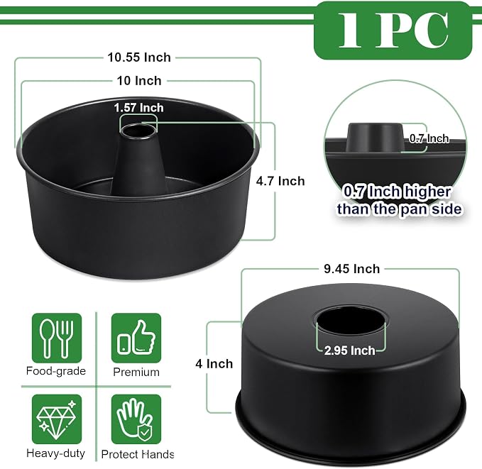 P&P CHEF Angel Food Cake Pan, 10 Inch Cake Pan Round Baking Tube Tin for Baking Pound Cakes, Conical Hollow & One-piece Design, Stainless Steel Core & Heavy-duty, Oven Safe - Black
