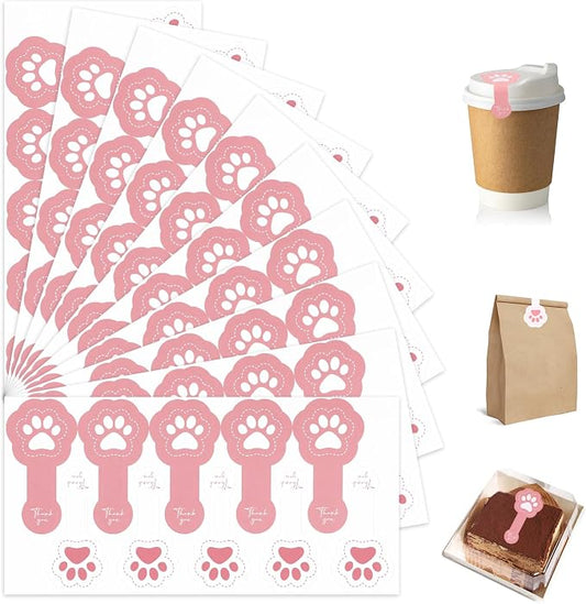 400Pcs Handmade Food Baking Seal Stickers Labels,Black Long Label Bakery Stickers with Gold Foil,Self-Adhesive Goods Bakery Sticker Sealing Tamper-Proof Sticker for Pastry Bags(Short Pink Cat Claw)