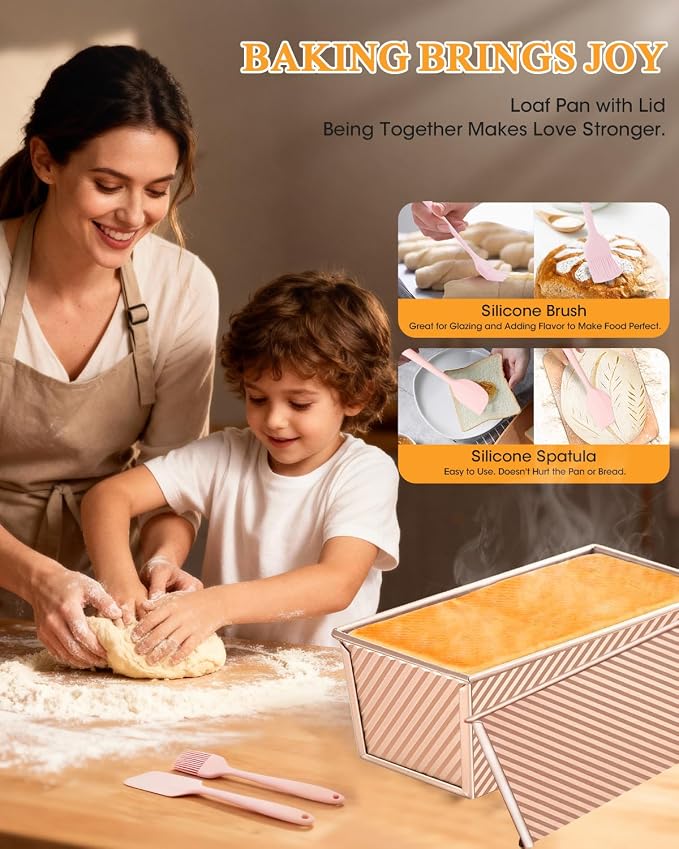 2 Pack Pullman Loaf Pan with Lid: 2.2 LB & 1 LB (13x4 & 9x4 inch) Sandwich Bread Loaf Pan for Homemade Sourdough Bread - Nonstick Carbon Steel Corrugated Toast Box Mold for Baking Bakeware
