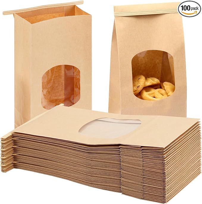 Moretoes 100pcs Medium Bakery Cookie Bags with Window, 4.5x2.36x9.6in, Seal by Tin Tie Tab, Kraft Paper Bags for Cookie Coffee Bread Bakery Pastry Packing