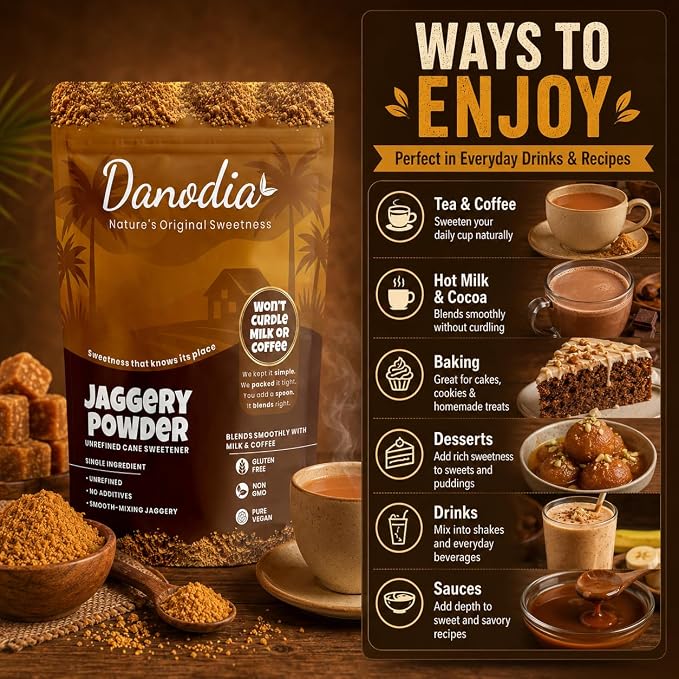 Danodia Foods Organic Jaggery Powder, Cane Gur Sweetener, 2 lb Pack | Fine sugarcane gur sweetener for chai, coffee, baking, cooking, desserts and Indian pantry recipes; Indian pantry sweetener