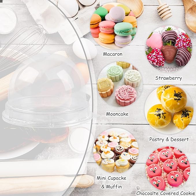 TOFLEN Mini Dessert Containers with Dome Lids, 100Pcs Clear Plastic Individual Ore Cookie holder, Small Cake Box for Mini Cupcake, Cocoa Bomb, Strawberry, Cheesecake and Mooncake (Clear Base)