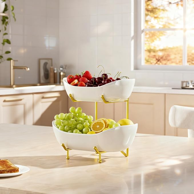 2 Tier Ceramic Fruit Bowl for Kitchen Counter – Fruit Basket with Gold Metal Stand, Holder for Snacks, Nuts, Cakes, Desserts, Bread, Candy Storage