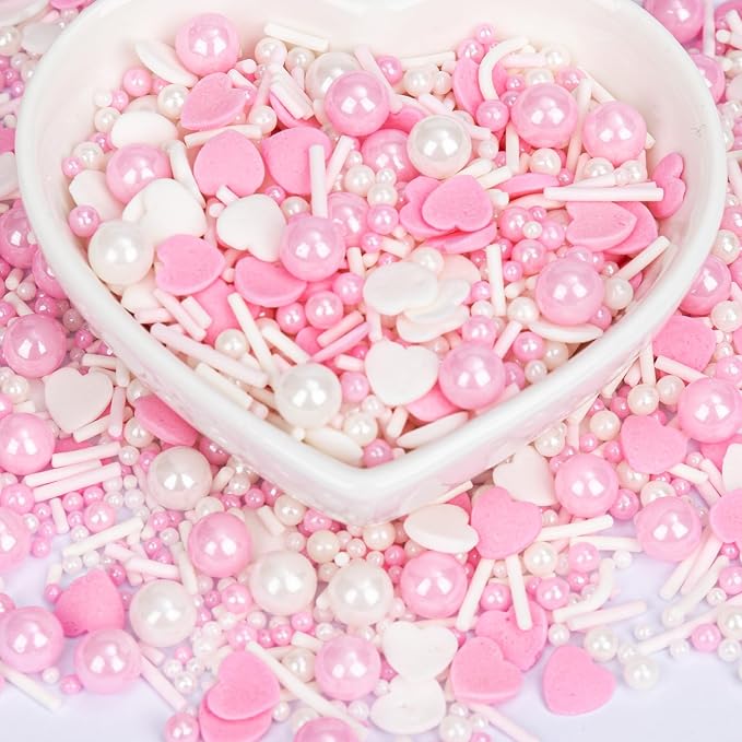 Twisweet Edible Pink Sprinkles for Cake Decorating, Pink Pearls Heart Sugar Sprinkles Mix Baking Candy, Cake Topper Cupcake Cookie Ice Cream Decorations, Valentine Mother's Day Birthday Wedding Baby Shower Party Supplies (130g/4.58oz)