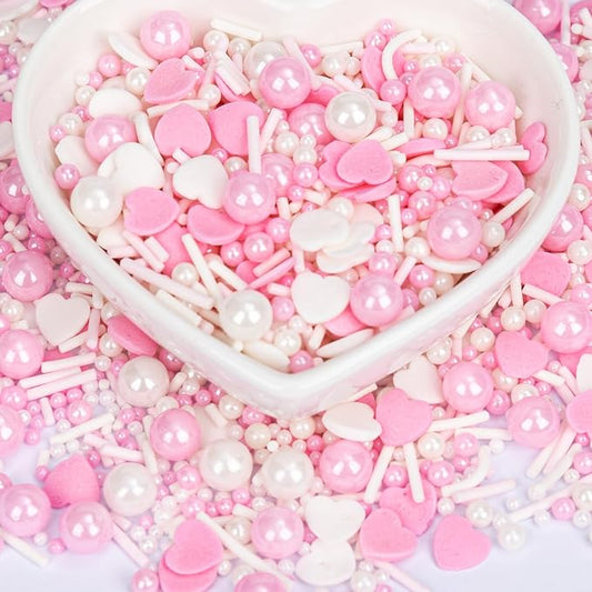 Twisweet Edible Pink Sprinkles for Cake Decorating, Pink Pearls Heart Sugar Sprinkles Mix Baking Candy, Cake Topper Cupcake Cookie Ice Cream Decorations, Valentine Mother's Day Birthday Wedding Baby Shower Party Supplies (130g/4.58oz)