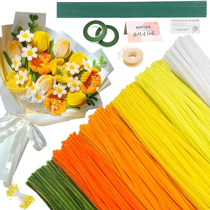 AHAMETON 620Pcs Golden Orange Pipe Cleaner Flower Kit, 6 Colors Bulk Pipe Cleaners Craft Supplies with Wire, Stamens, Ribbon, Tapes, Card, DIY Flower Making for Gifts Home Decor, Party & School Crafts