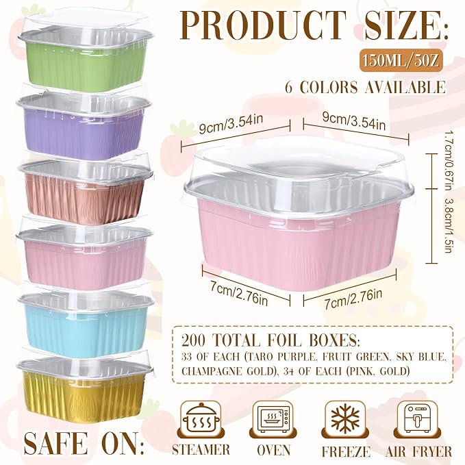 200 Pack 5 oz Mini Cake Pans with Lid, Aluminum Foil Mini Baking Tins, Square Disposable Cupcake Baking Cup Dessert Container for Wedding Birthday Party Picnic(Multi,Classic)