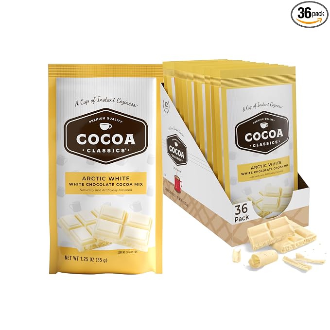 Cocoa Classics Arctic White Cocoa Mix, Hot or Iced, 1.25oz, 36 Pack | Arctic White cocoa mix with creamy white chocolate flavor; just add water for rich hot or iced cocoa, made with nonfat milk