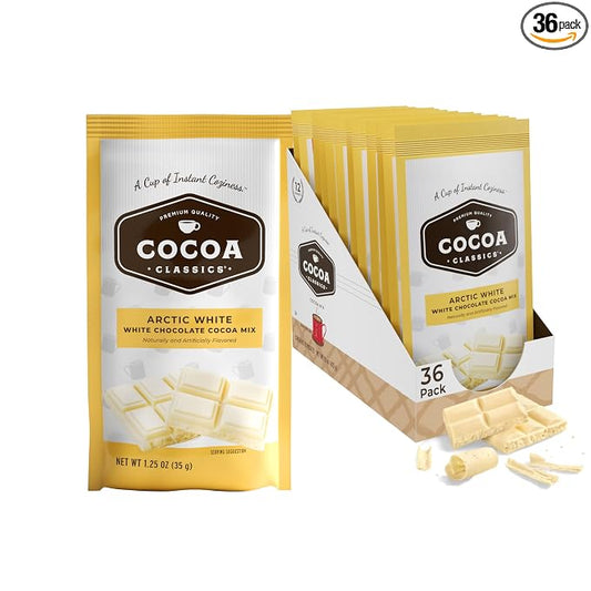 Cocoa Classics Arctic White Cocoa Mix, Hot or Iced, 1.25oz, 36 Pack | Arctic White cocoa mix with creamy white chocolate flavor; just add water for rich hot or iced cocoa, made with nonfat milk