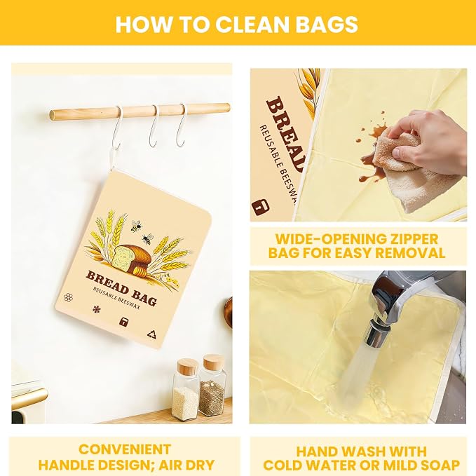 2 Pack Wide Zipper Access Beeswax Bread Bags for Sourdough Bread, Reusable Organic Linen Beeswax Bread Bag for Homemade Sourdough for Homemade Bag to Keep Fresh Longer, Kitchen Storage (Oatmeal)