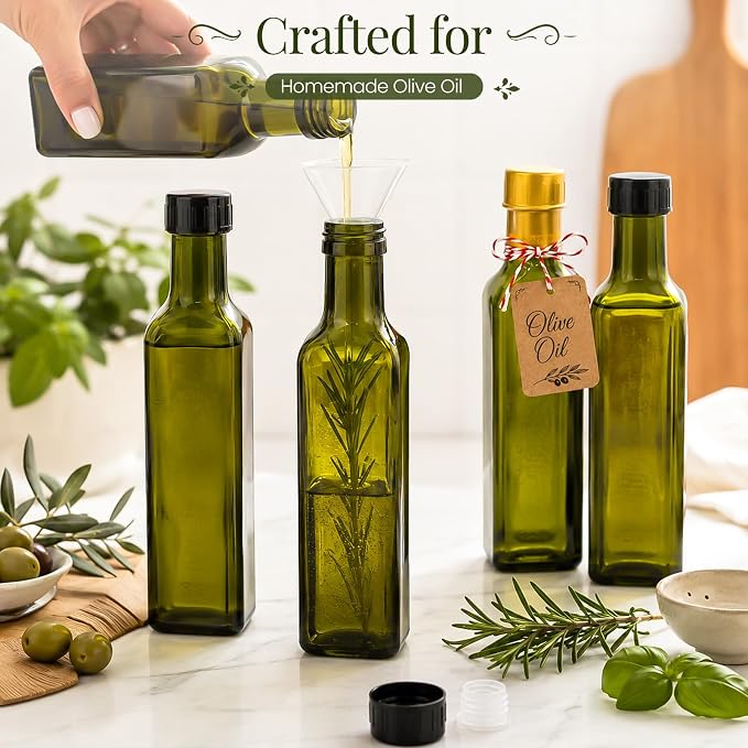 TBWIND 15 Pack 8.5oz (250ml) Glass Olive Oil Bottles with Airtight Caps | Includes Shrink Bands, Labels & Funnels; Ideal for Vanilla Extract, Infused Oils, Tinctures, Kombucha & Gift Giving