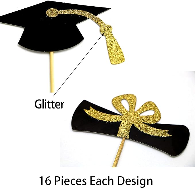 YuBoBo 2026 Graduation Cupcake Toppers, 48 PCS Food/Appetizer Picks For Graduation Party Mini Cake Decorations, Diploma, 2026, Grad Cap Set 48 Pieces (01 Gold)