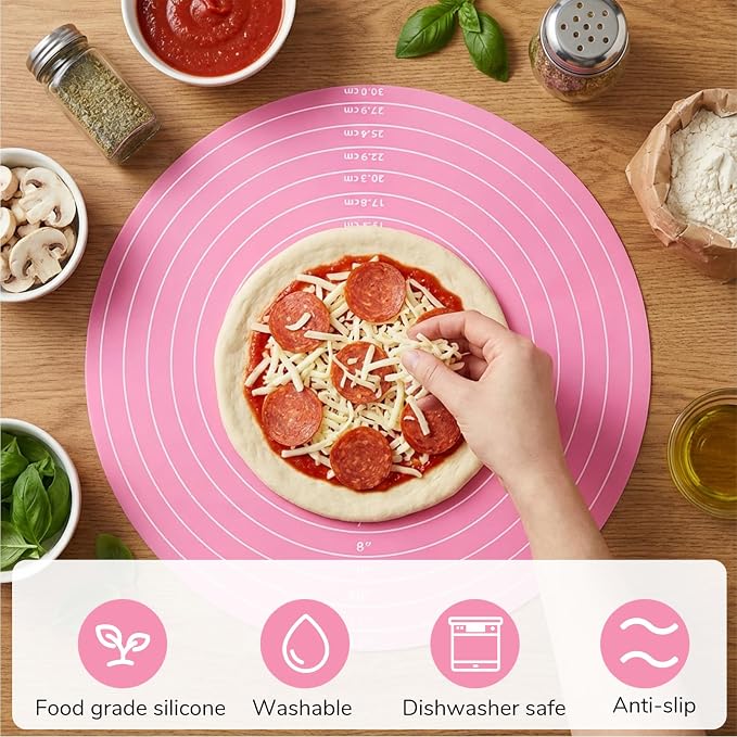 TIESOME 3 Pcs Round Silicone Baking Mat, 12 Inch (30cm) Silicone Rolling Mat With Measurements, Reusable Non-Stick Heat Resistant Baking Sheet for Dough, Fondant, Cookie & Pizza (Blue Pink Green)