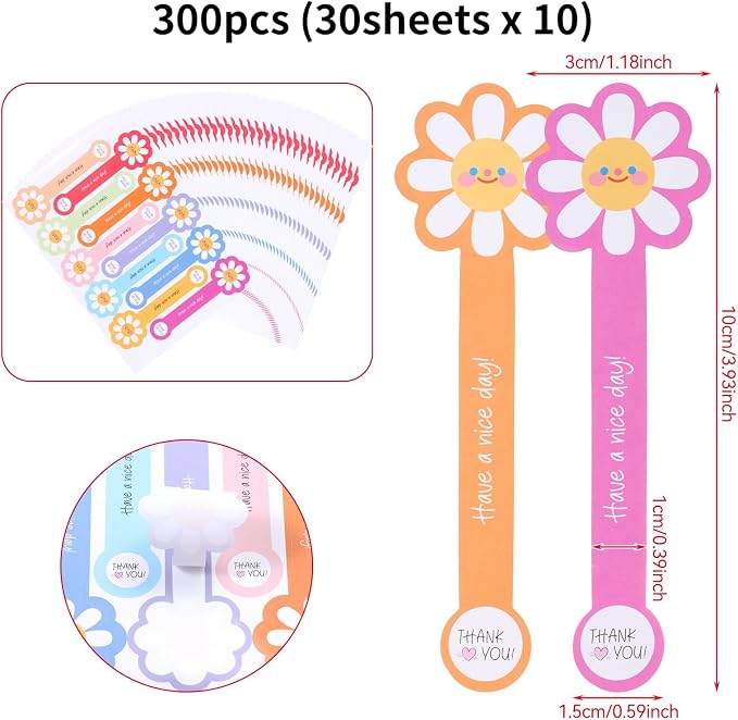 Beyonday 300pcs Handmade Lollipop Baking Stickers for Cake Box/Tins/Jars/Coffee Cups/Bottles, Long Label Flower Sealing Bakery Stickers for Gift Wrapping Self-Adhesive Tamper Evident Seal Labels
