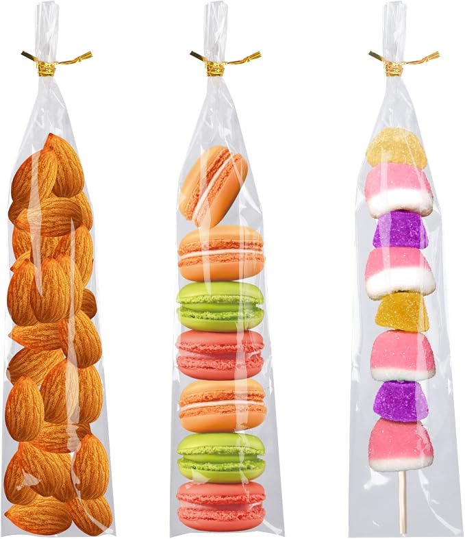 Augshy Pretzel Rod Bags,300 Pcs 2x10 Clear Treat Bag with Sea for Packaging | Individual,Plastic Bag with 300 Twist Ties,Self Adhesive Resealable for Lollipop Candy Chocolate Cookie Wrapping Buffet